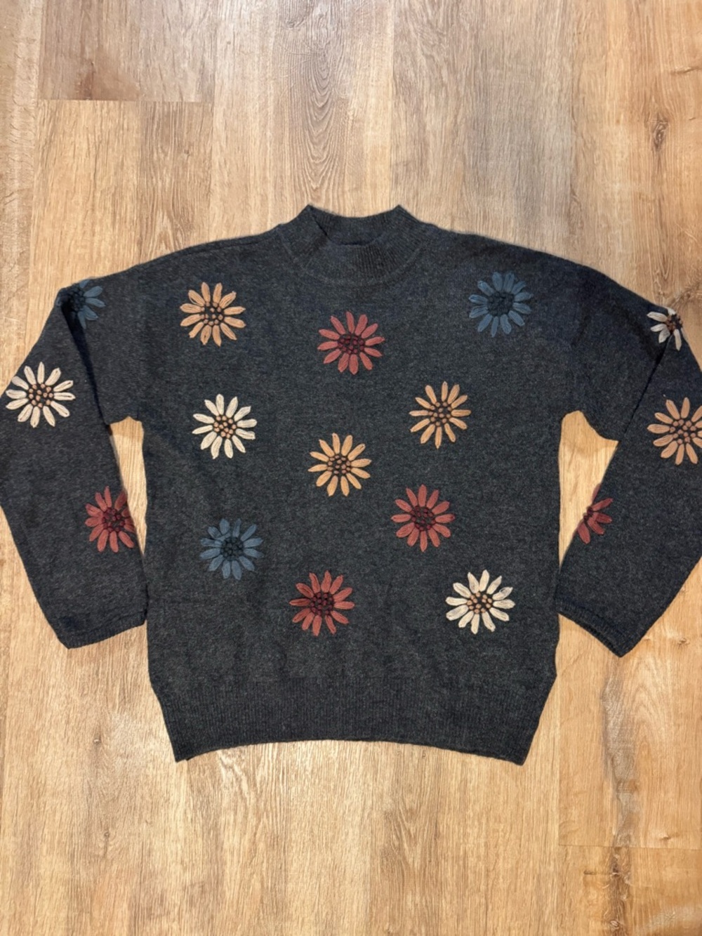 CHARLIE B Charcoal Crewneck Sweater with Multicolor Floral Embroidery - Picture 5 of 11